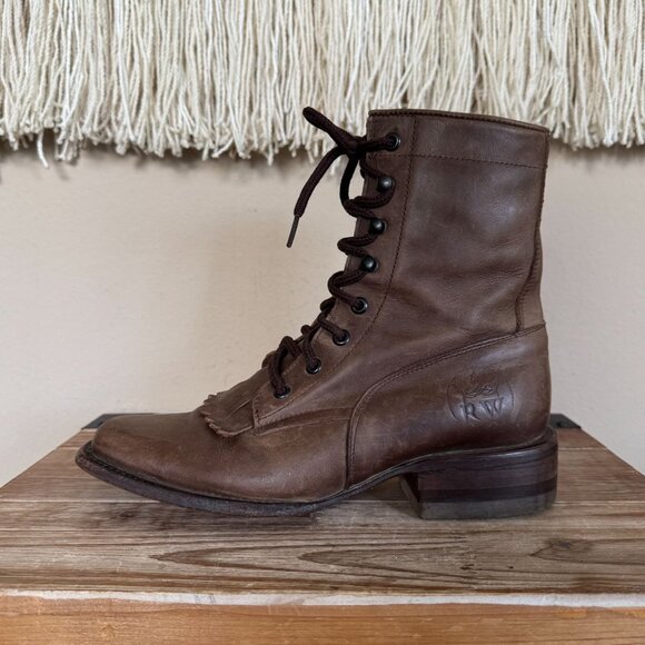 Raywelt Brown Leather Square Toe Fringe Roper Lace Up Ankle Boot Size  7.5 - Picture 7 of 17